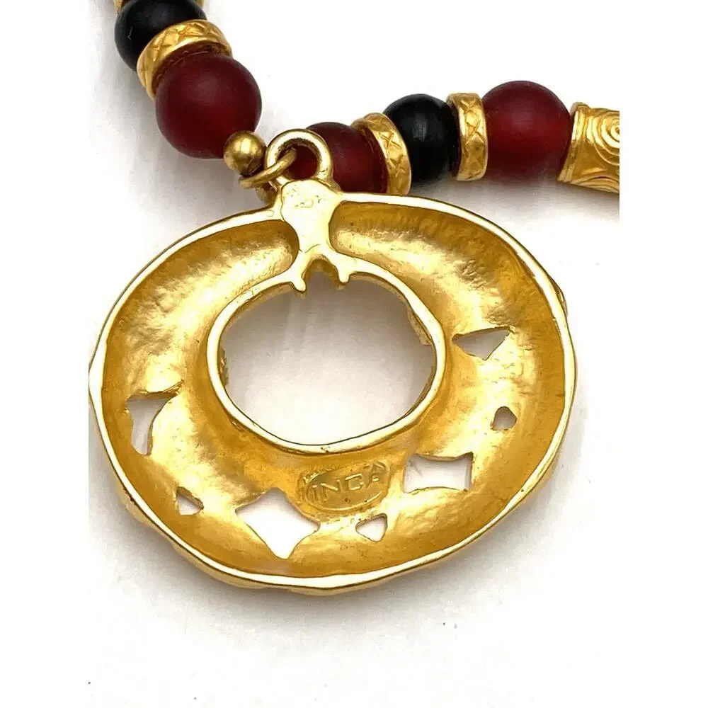 Inca Necklace Glass Beads Gold Tone Beads 17”